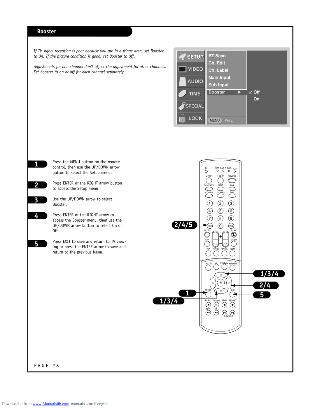 LG Electronics ru-44sz80l owner manual Booster, EZ Scan Ch. Edit Ch. Label Main Input Sub Input, Off 