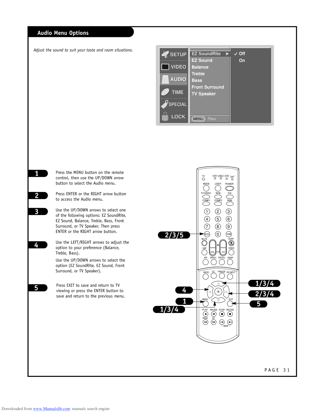 LG Electronics ru-44sz80l owner manual Audio Menu Options, EZ Sound Balance Treble Bass Front Surround TV Speaker 