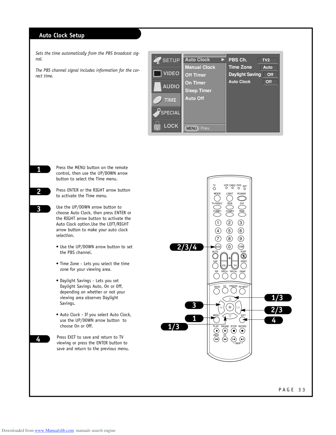 LG Electronics ru-44sz80l Auto Clock Setup, Manual Clock Off Timer On Timer Sleep Timer Auto Off, PBS Ch, Time Zone 