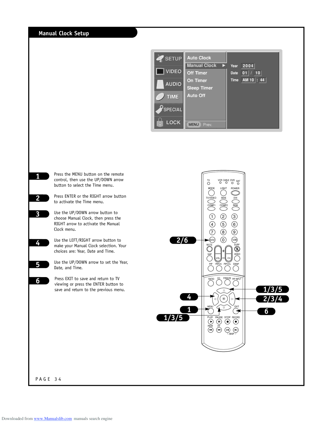 LG Electronics ru-44sz80l owner manual Manual Clock Setup, Auto Clock, Off Timer On Timer Sleep Timer Auto Off 