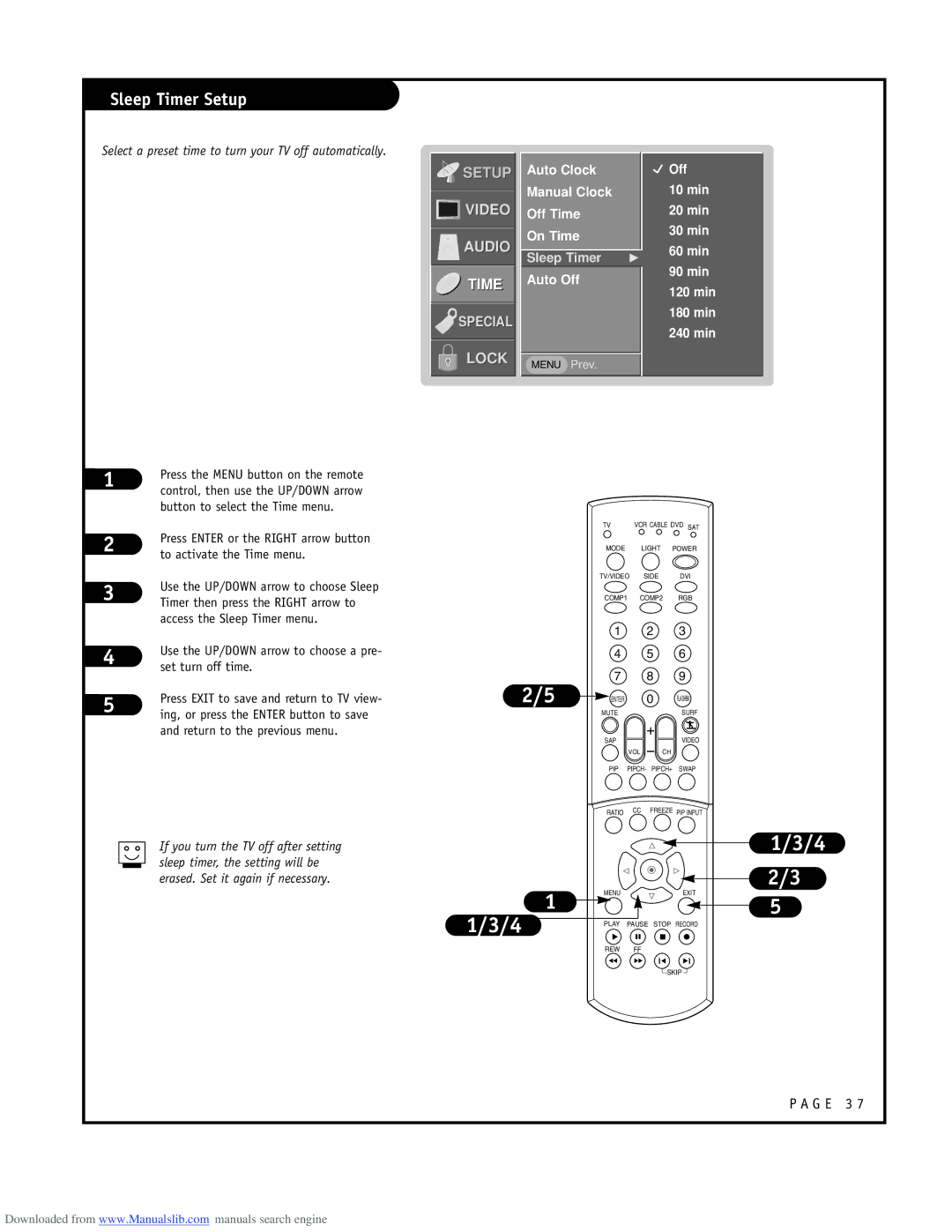 LG Electronics ru-44sz80l Sleep Timer Setup, Auto Clock Manual Clock Off Time On Time, Timer then press the Right arrow to 