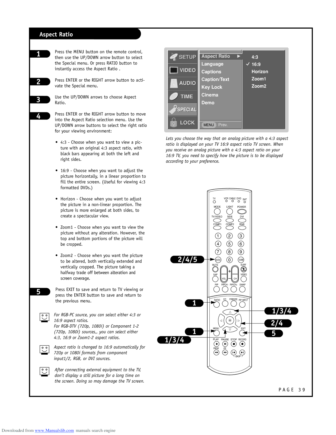 LG Electronics ru-44sz80l Aspect Ratio, Language Captions Caption/Text Key Lock Cinema Demo, Horizon Zoom1 Zoom2 