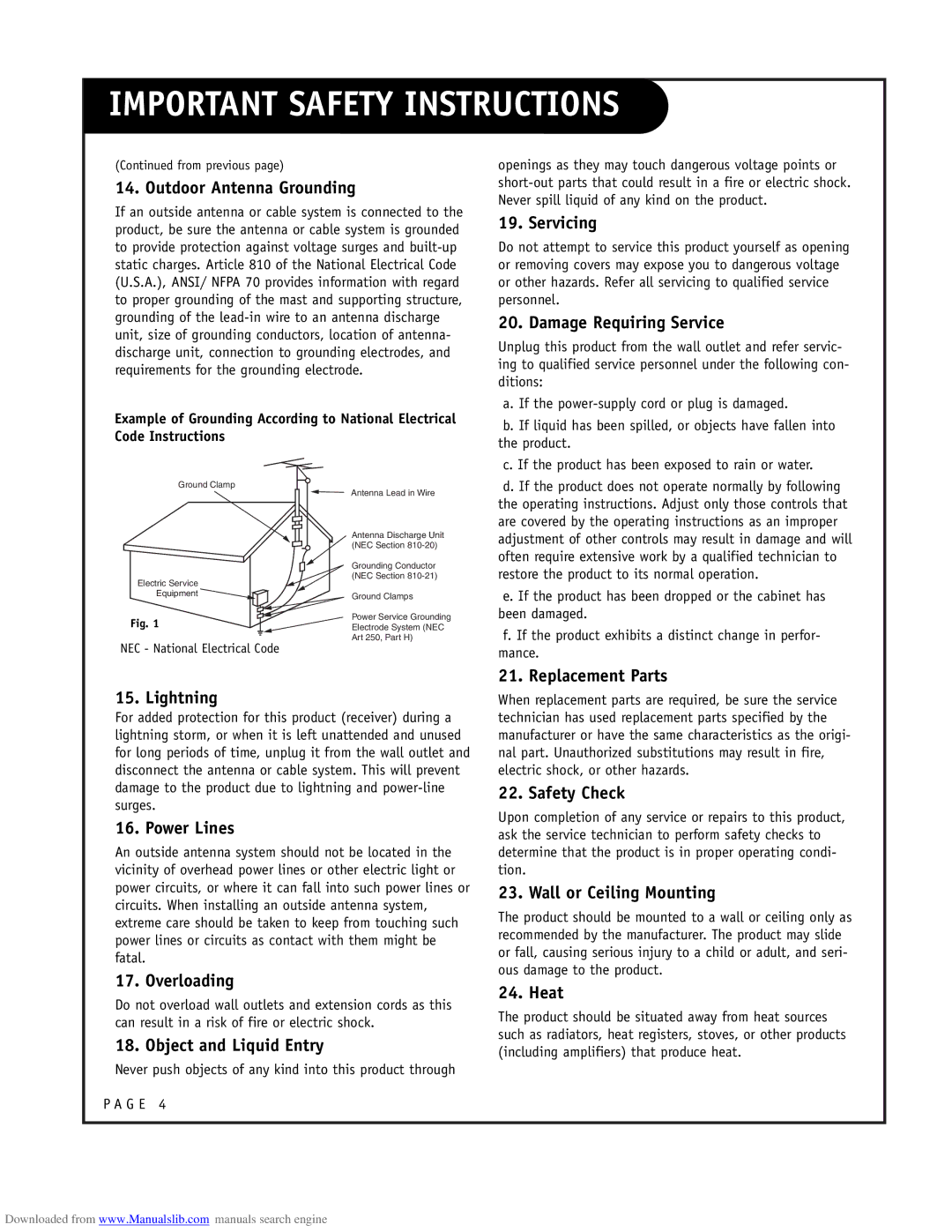 LG Electronics ru-44sz80l owner manual From previous, NEC National Electrical Code 