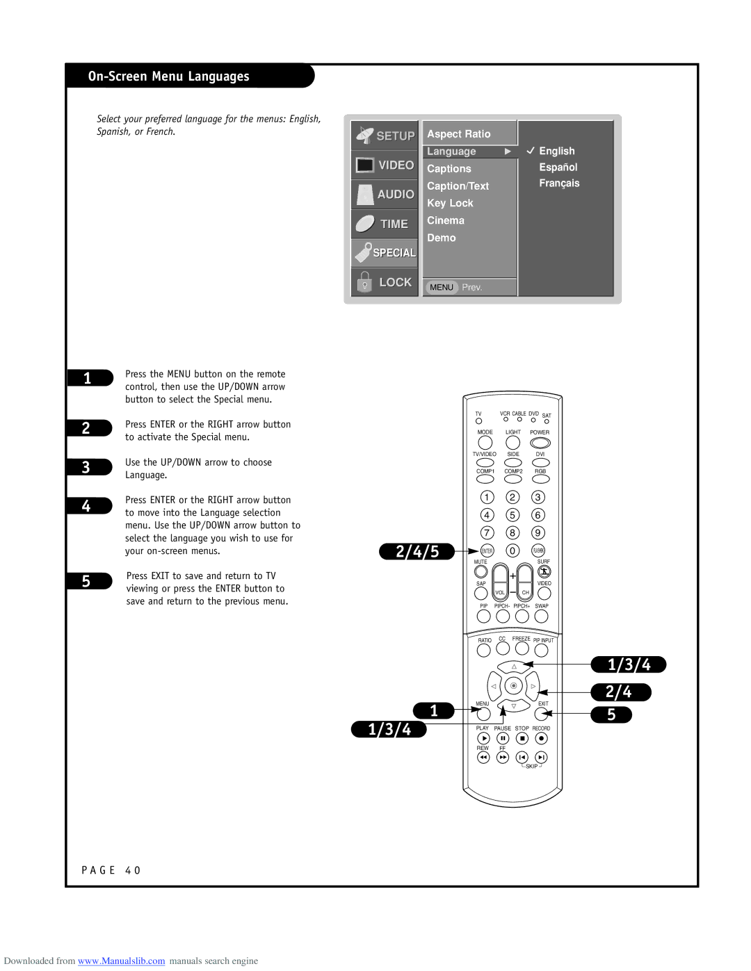 LG Electronics ru-44sz80l owner manual On-Screen Menu Languages, Aspect Ratio, Captions Caption/Text Key Lock Cinema Demo 