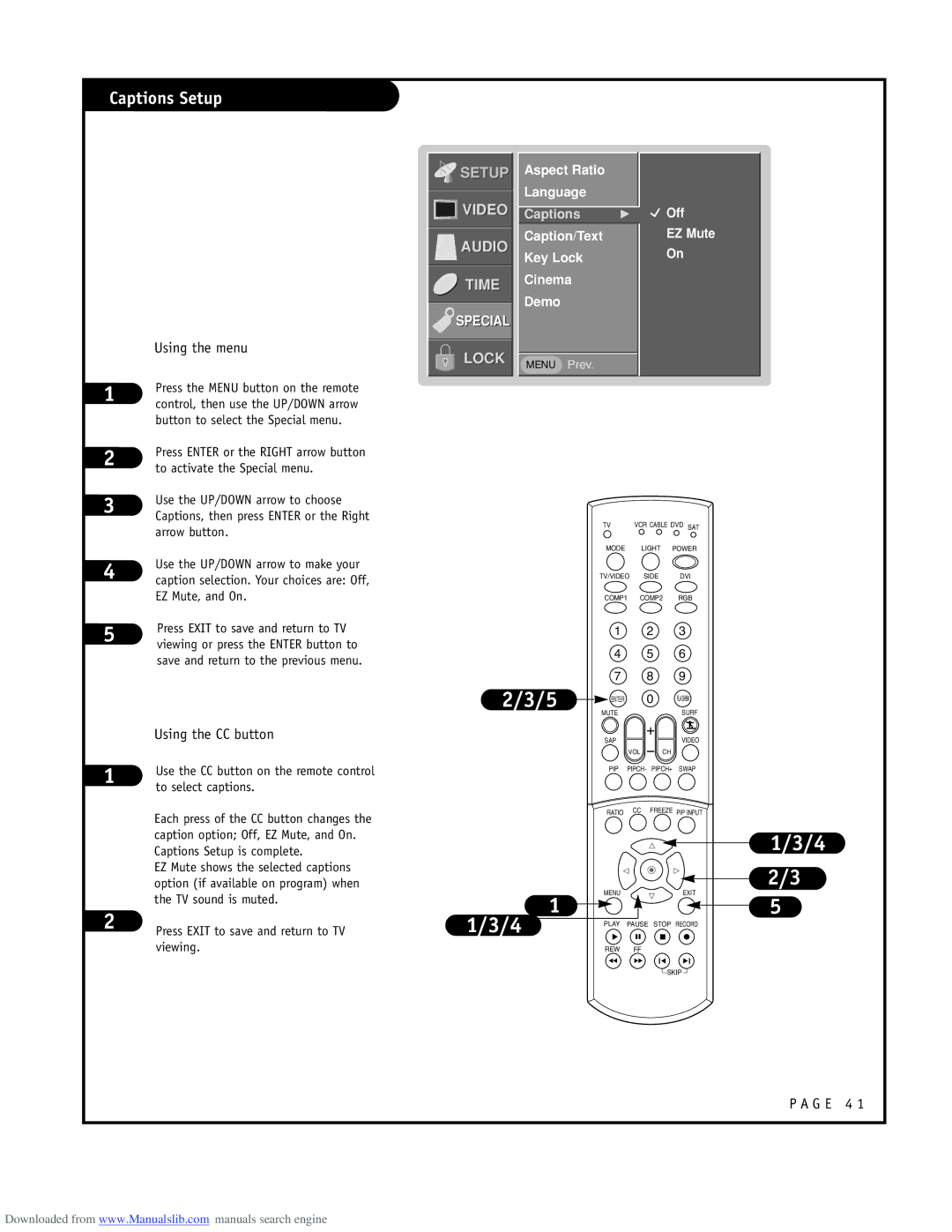 LG Electronics ru-44sz80l Captions Setup, Aspect Ratio Language, Caption/Text Key Lock Cinema Demo, Off EZ Mute 