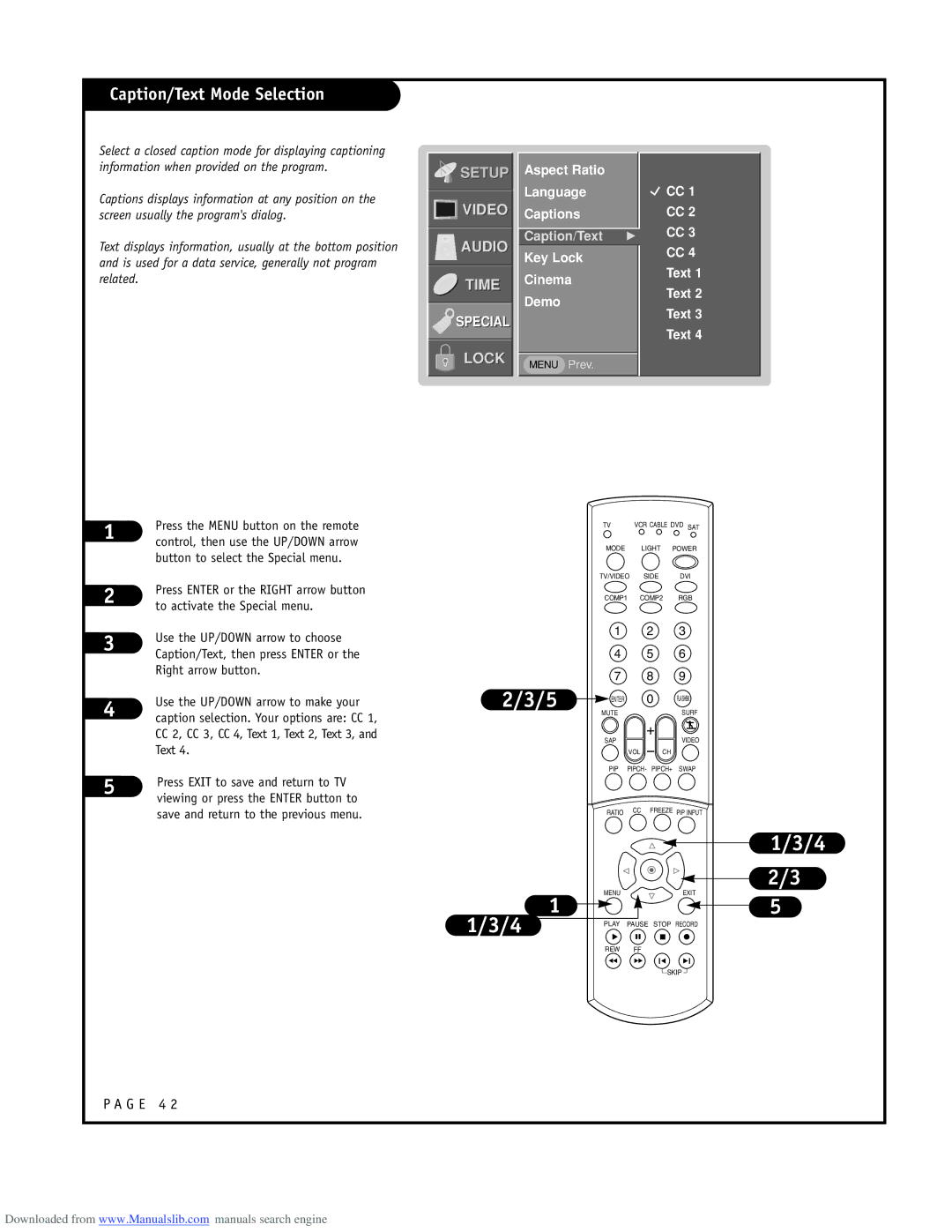 LG Electronics ru-44sz80l owner manual Caption/Text Mode Selection, Aspect Ratio Language Captions, Key Lock Cinema Demo 