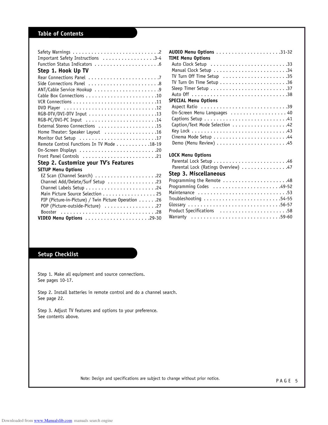LG Electronics ru-44sz80l owner manual Table of Contents, Setup Checklist 