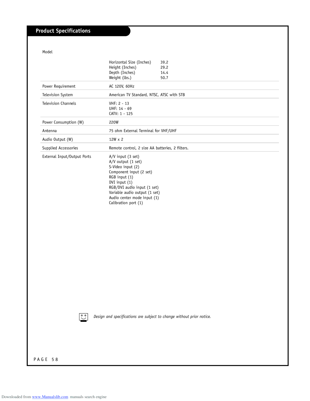 LG Electronics ru-44sz80l owner manual Product Specifications 