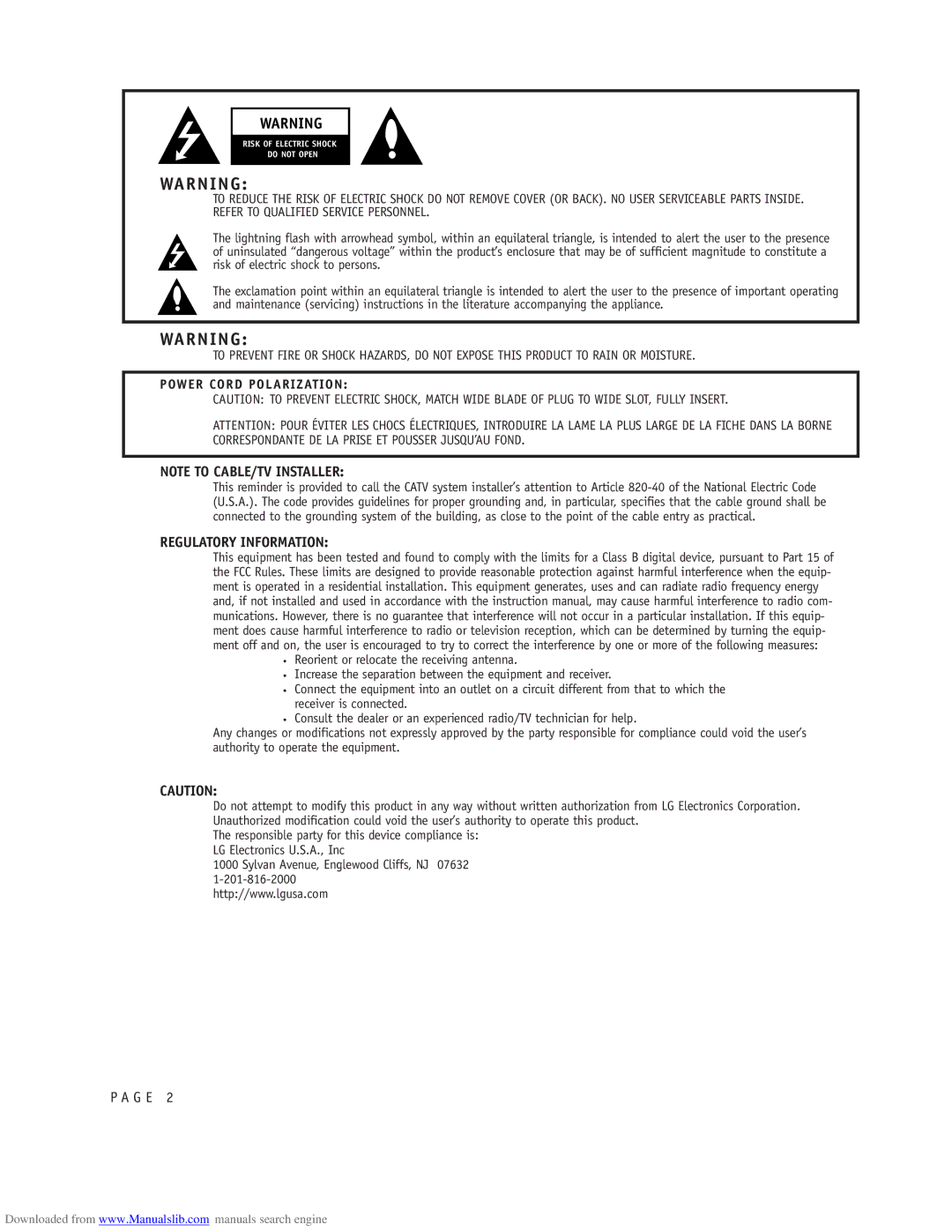 LG Electronics RU-48SZ40 owner manual Regulatory Information, Power Cord Polarization 