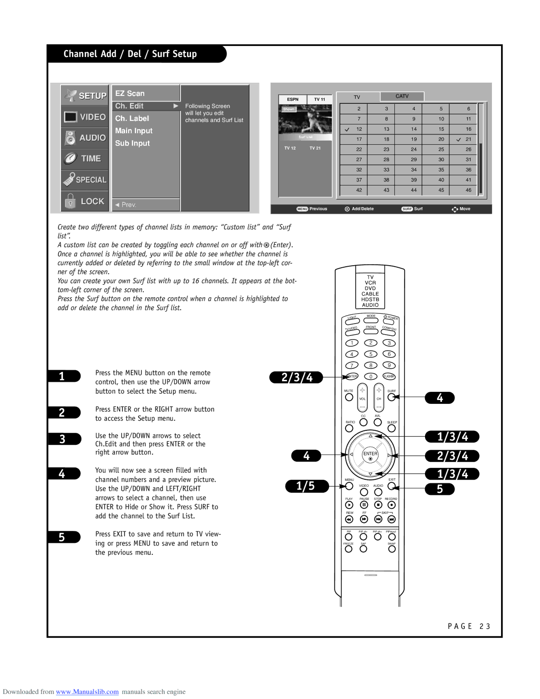 LG Electronics RU-48SZ40 owner manual Channel Add / Del / Surf Setup, EZ Scan, Ch. Label Main Input Sub Input 