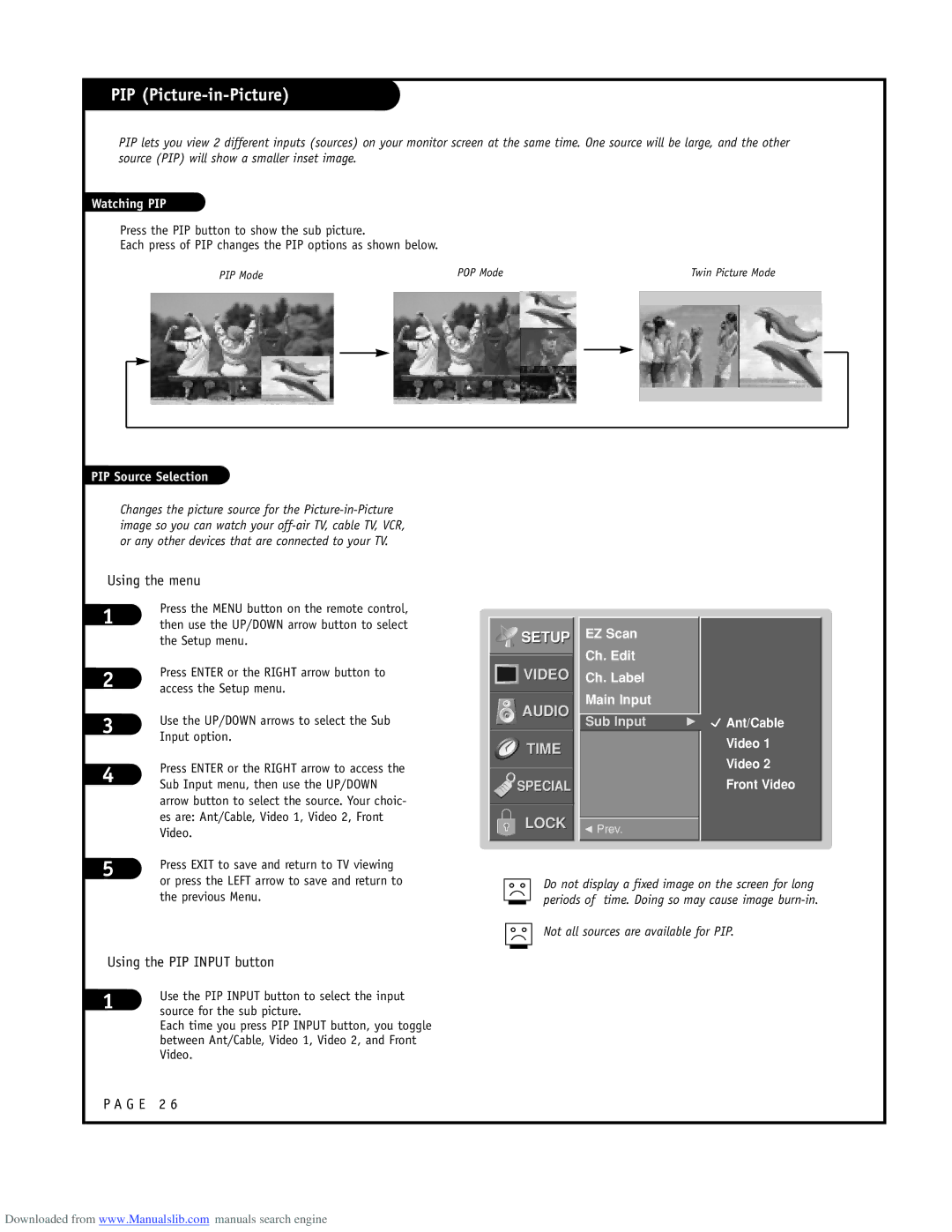 LG Electronics RU-48SZ40 PIP Picture-in-Picture, EZ Scan Ch. Edit Ch. Label Main Input, Ant/Cable Video Front Video 