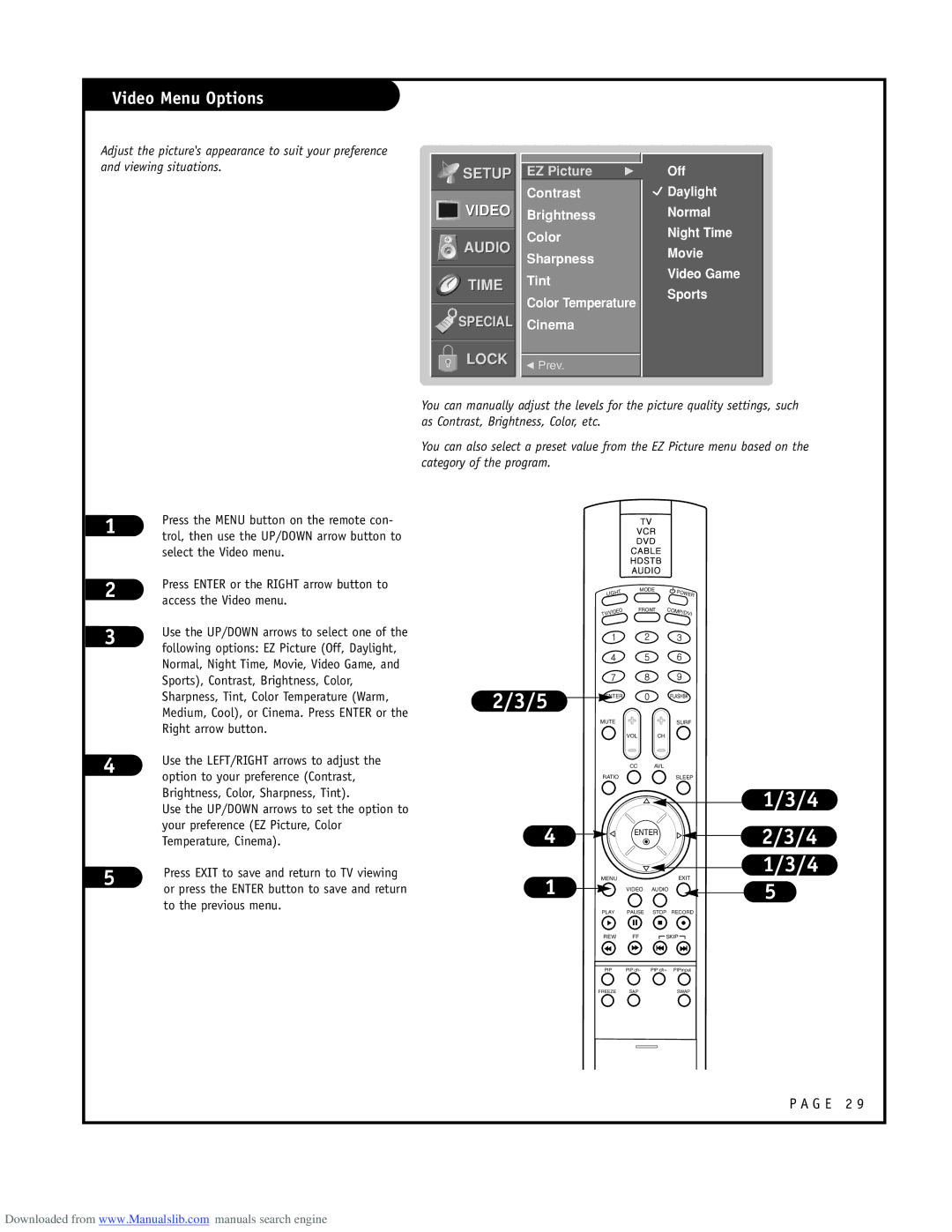 LG Electronics RU-48SZ40 owner manual Video Menu Options, Off Daylight Normal Night Time Movie Video Game Sports 