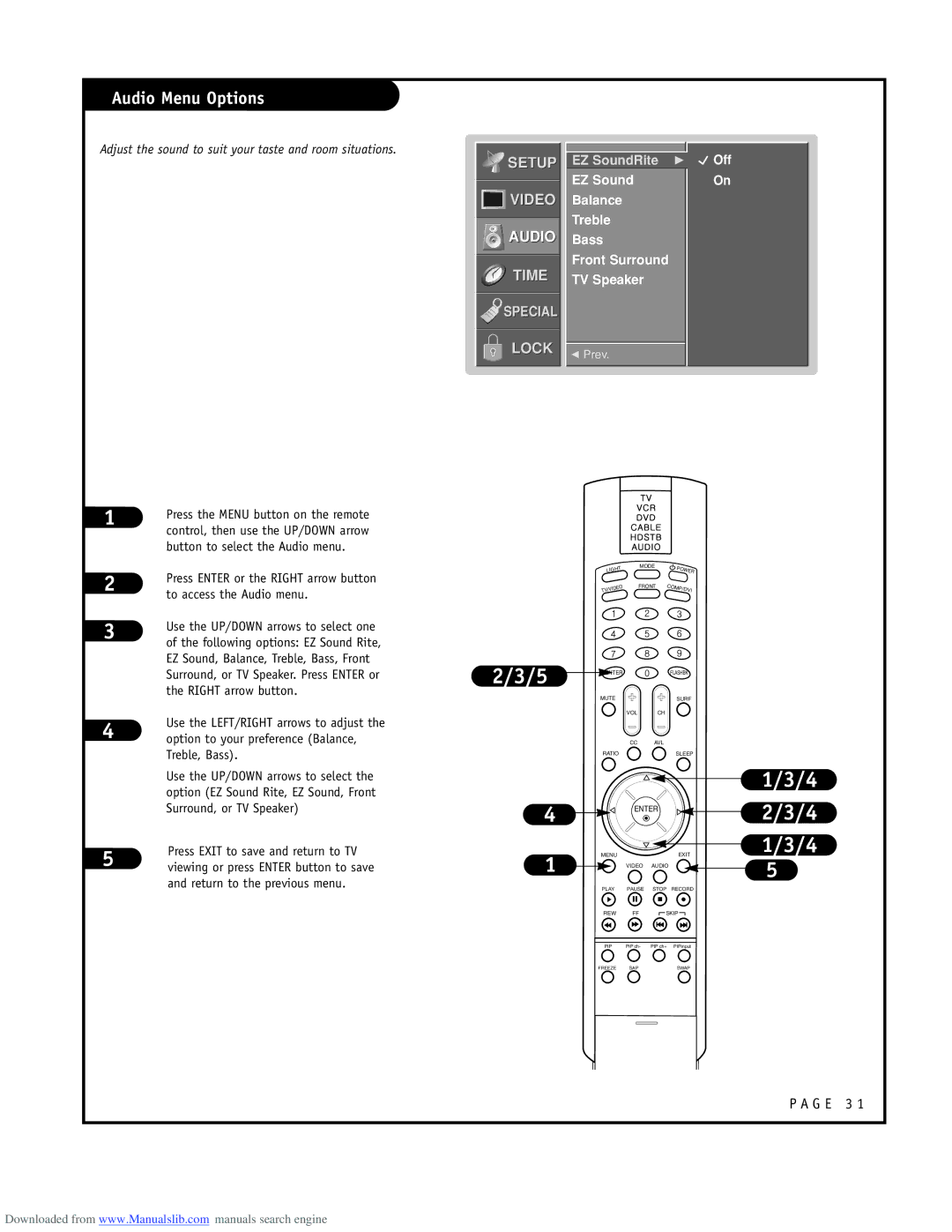 LG Electronics RU-48SZ40 owner manual Audio Menu Options, EZ Sound Balance Treble Bass Front Surround TV Speaker, Off 