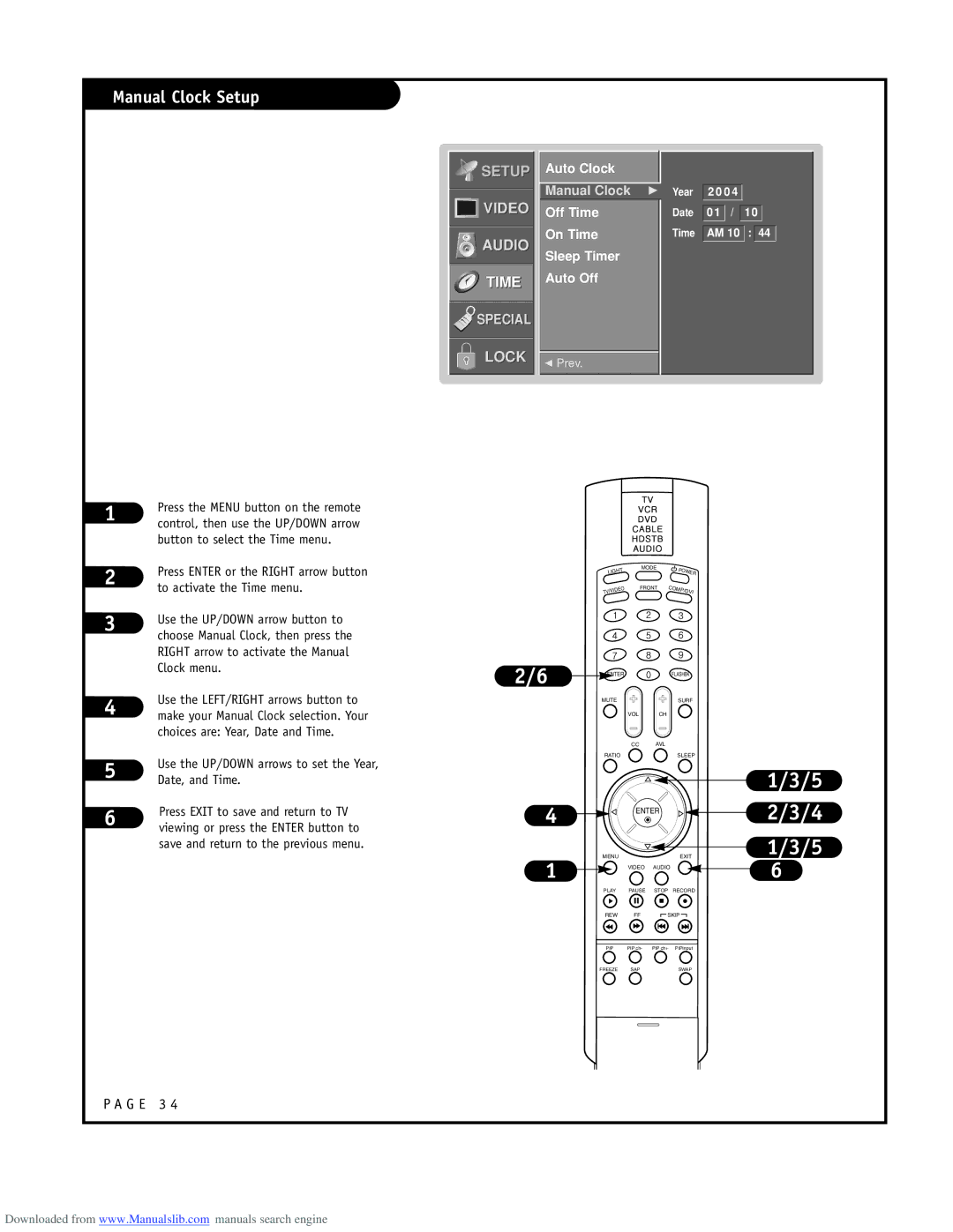 LG Electronics RU-48SZ40 owner manual Manual Clock Setup, Auto Clock, Off Time On Time Sleep Timer Auto Off 