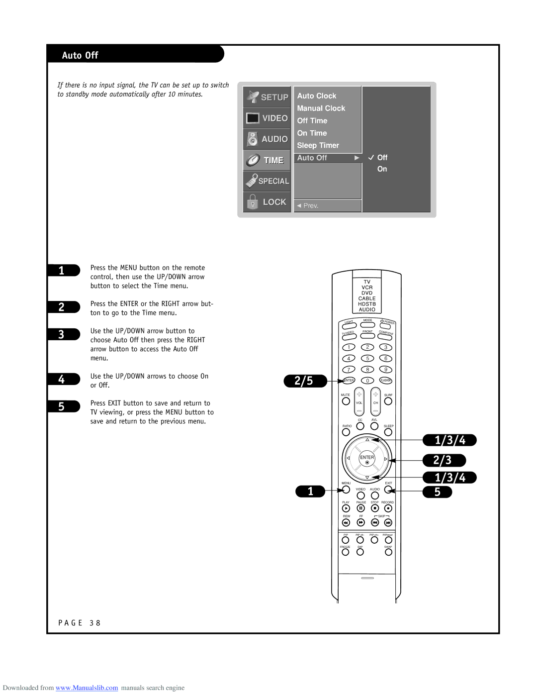 LG Electronics RU-48SZ40 owner manual Auto Off, Auto Clock Manual Clock Off Time On Time Sleep Timer 