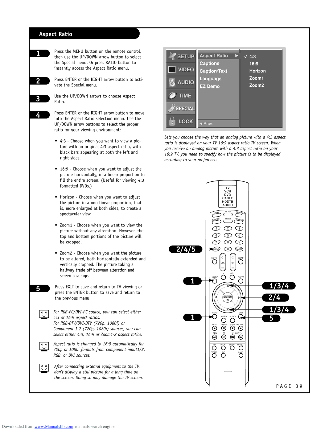 LG Electronics RU-48SZ40 owner manual Aspect Ratio, Captions Caption/Text Language EZ Demo, Horizon Zoom1 Zoom2 