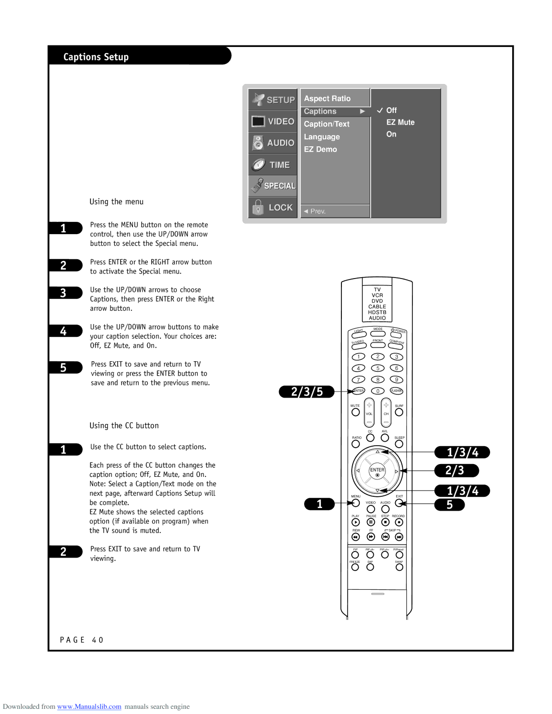 LG Electronics RU-48SZ40 owner manual Captions Setup, Aspect Ratio, Caption/Text Language EZ Demo, Off EZ Mute 