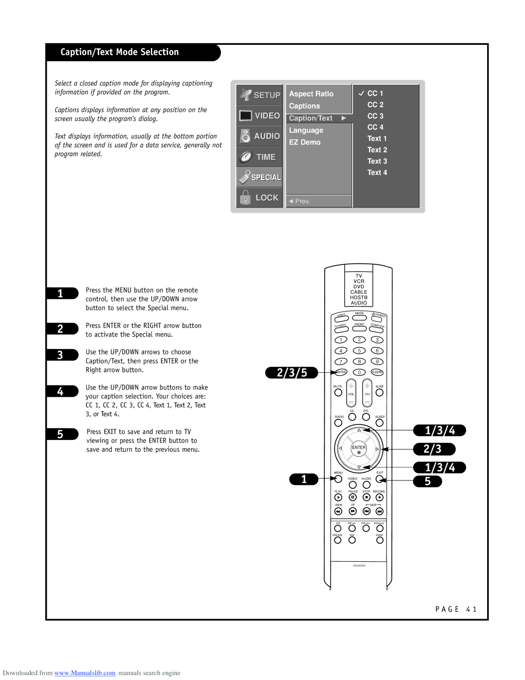 LG Electronics RU-48SZ40 owner manual Caption/Text Mode Selection, Aspect Ratio Captions, Language EZ Demo 