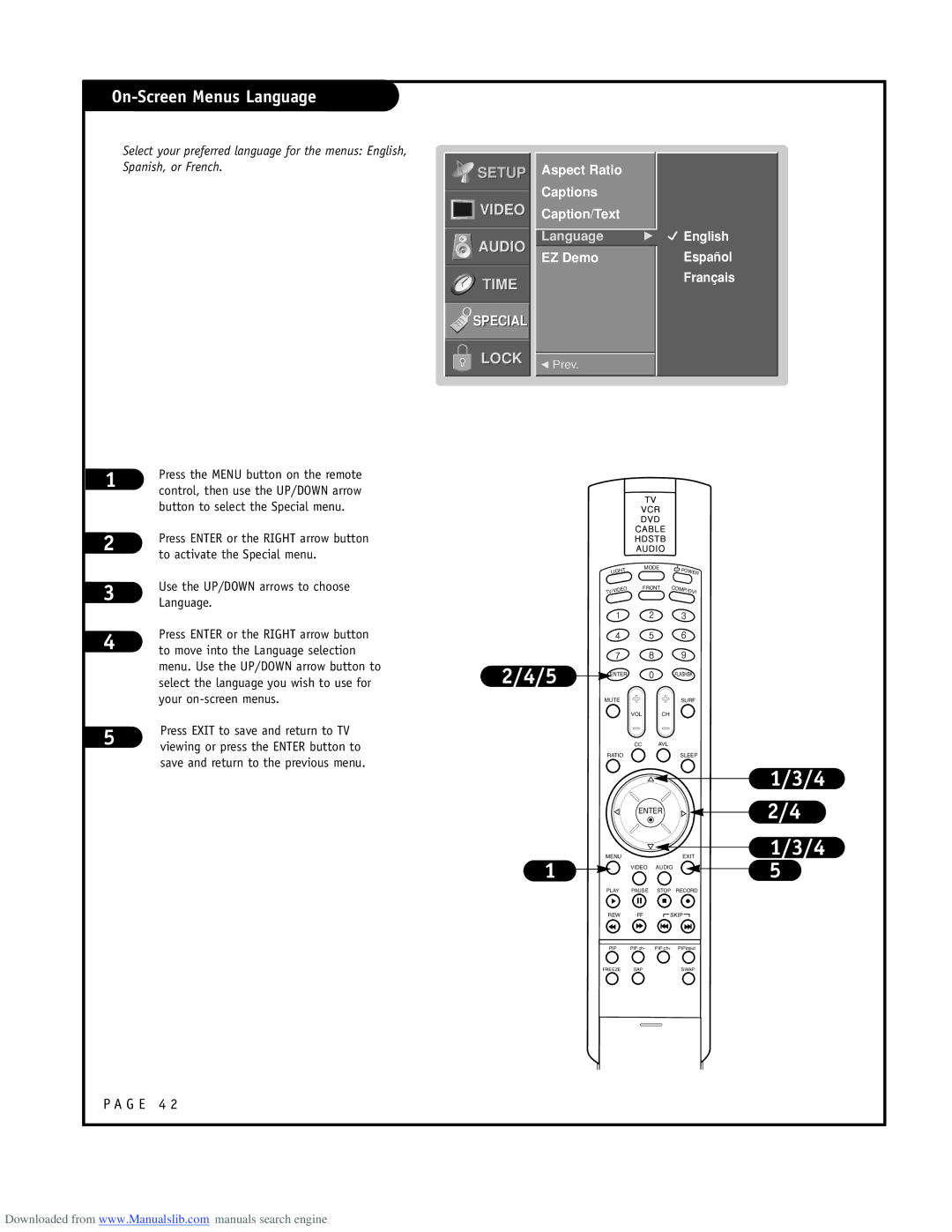 LG Electronics RU-48SZ40 On-Screen Menus Language, Aspect Ratio Captions Caption/Text, English Español Français 