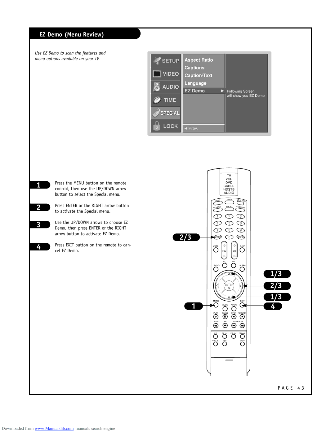 LG Electronics RU-48SZ40 owner manual EZ Demo Menu Review, Aspect Ratio Captions Caption/Text Language, Cel EZ Demo 