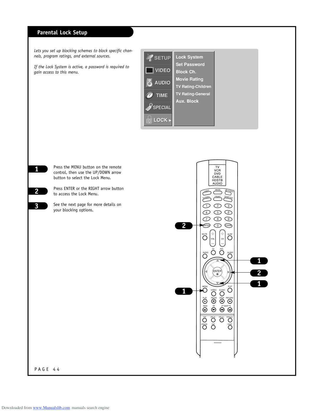 LG Electronics RU-48SZ40 owner manual Parental Lock Setup, Lock System Set Password Block Ch Movie Rating, Aux. Block 