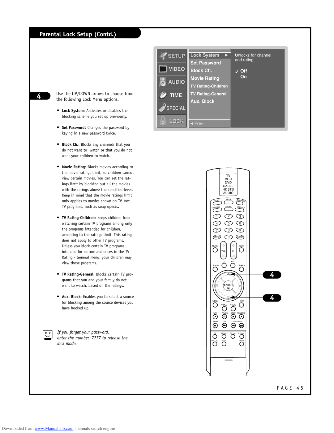 LG Electronics RU-48SZ40 Parental Lock Setup Contd, Following Lock Menu options, Set Password Block Ch Movie Rating 