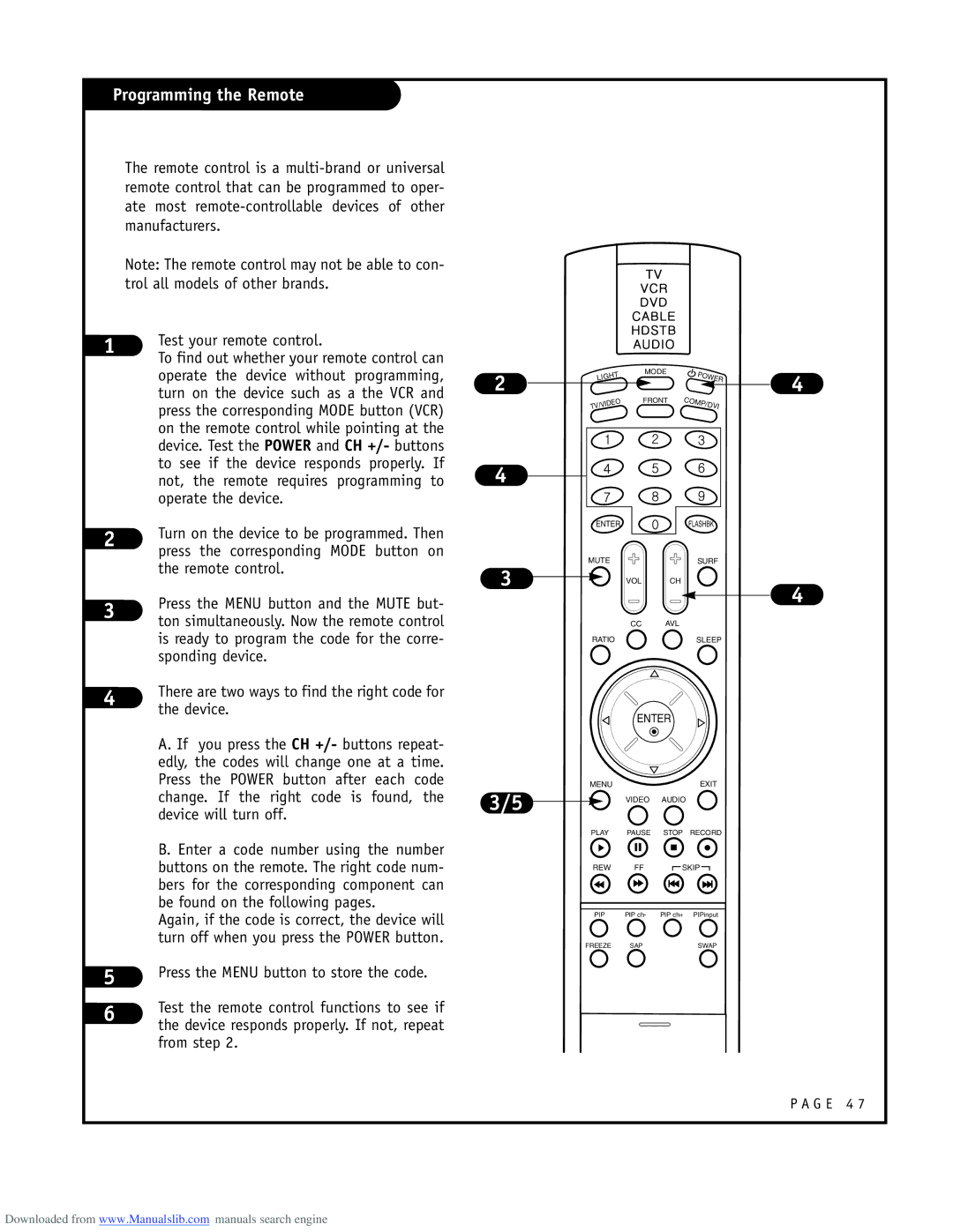 LG Electronics RU-48SZ40 owner manual Programming the Remote, Press the corresponding Mode button VCR 