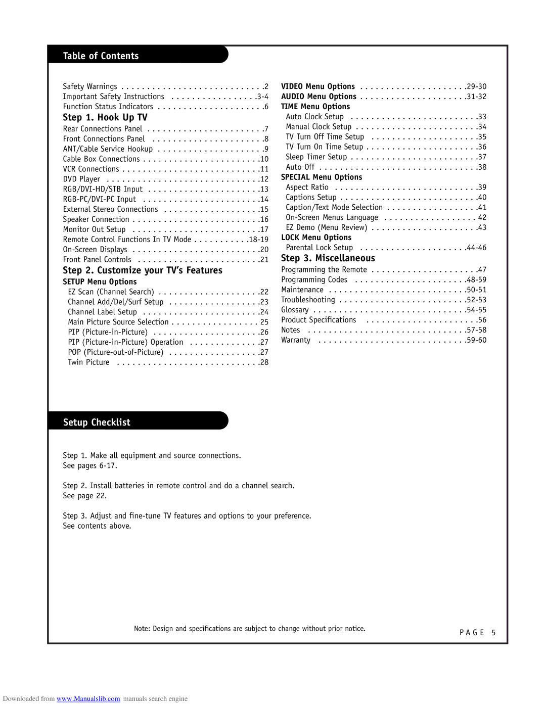 LG Electronics RU-48SZ40 owner manual Table of Contents, Setup Checklist 