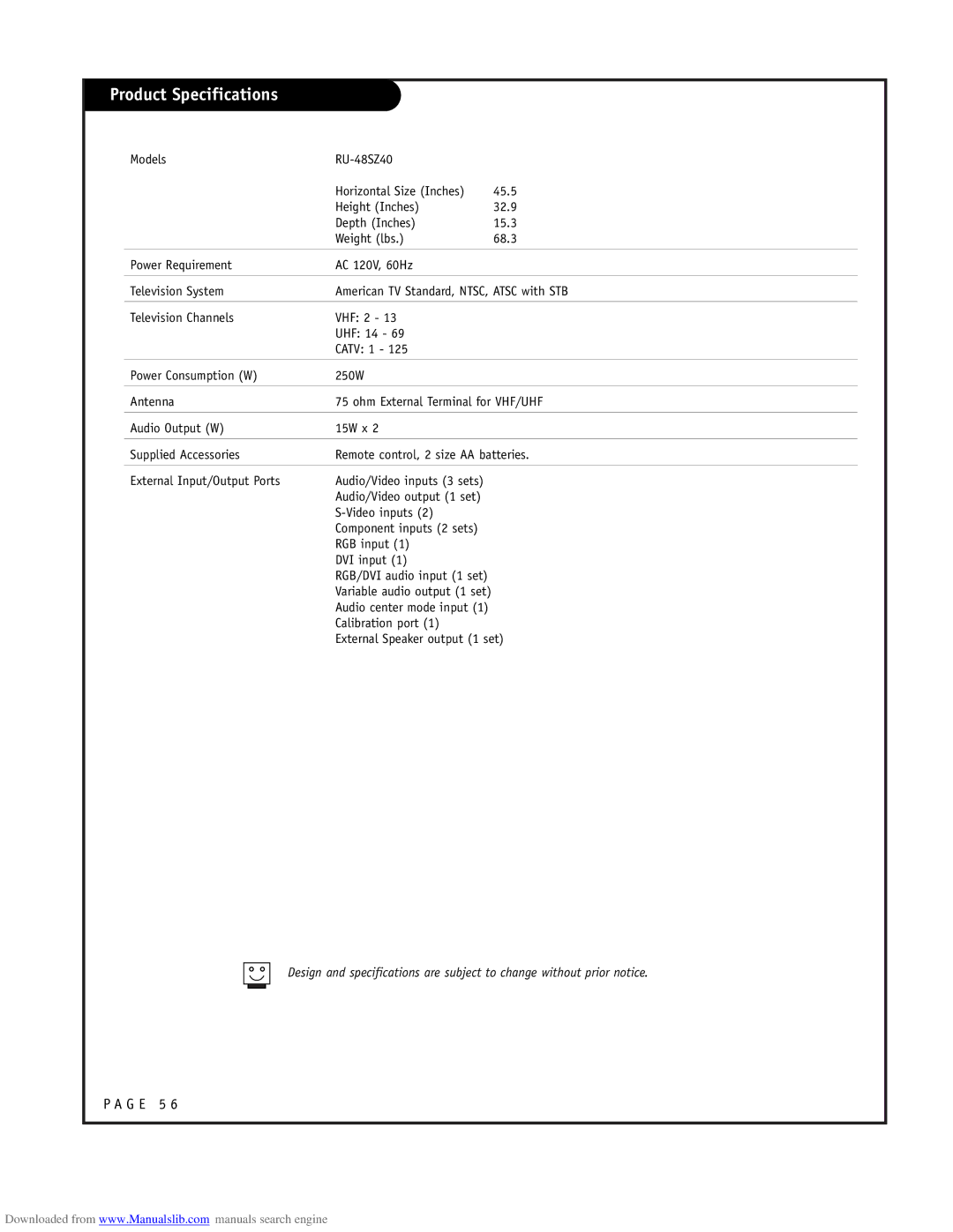 LG Electronics RU-48SZ40 owner manual Product Specifications 