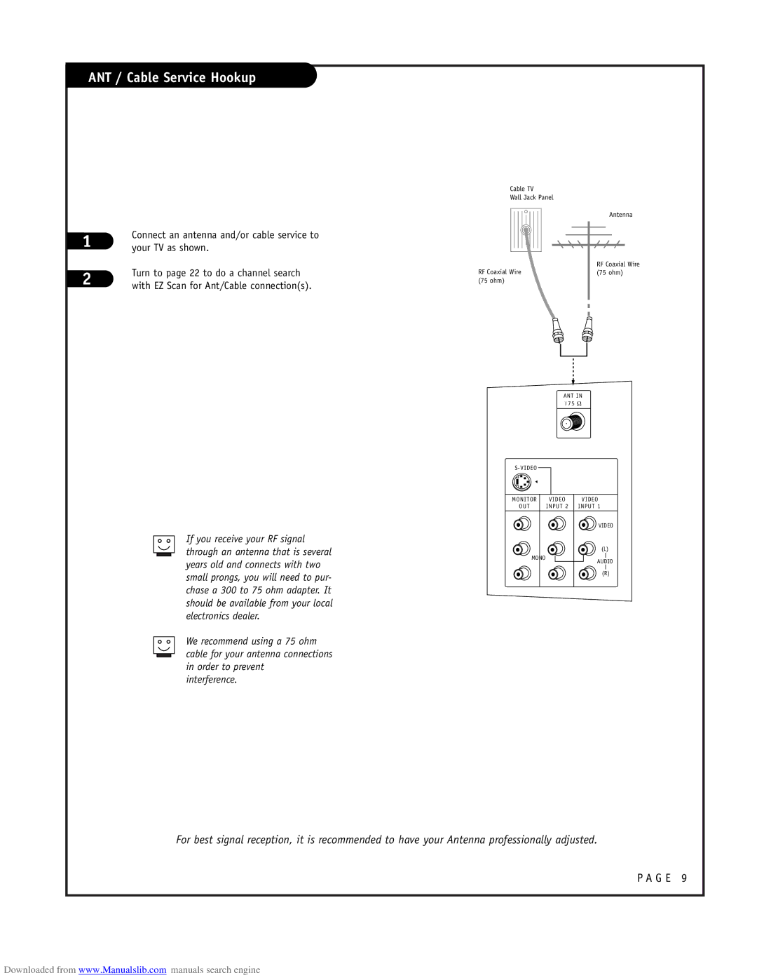 LG Electronics RU-48SZ40 owner manual ANT / Cable Service Hookup, Your TV as shown, Turn to page 22 to do a channel search 