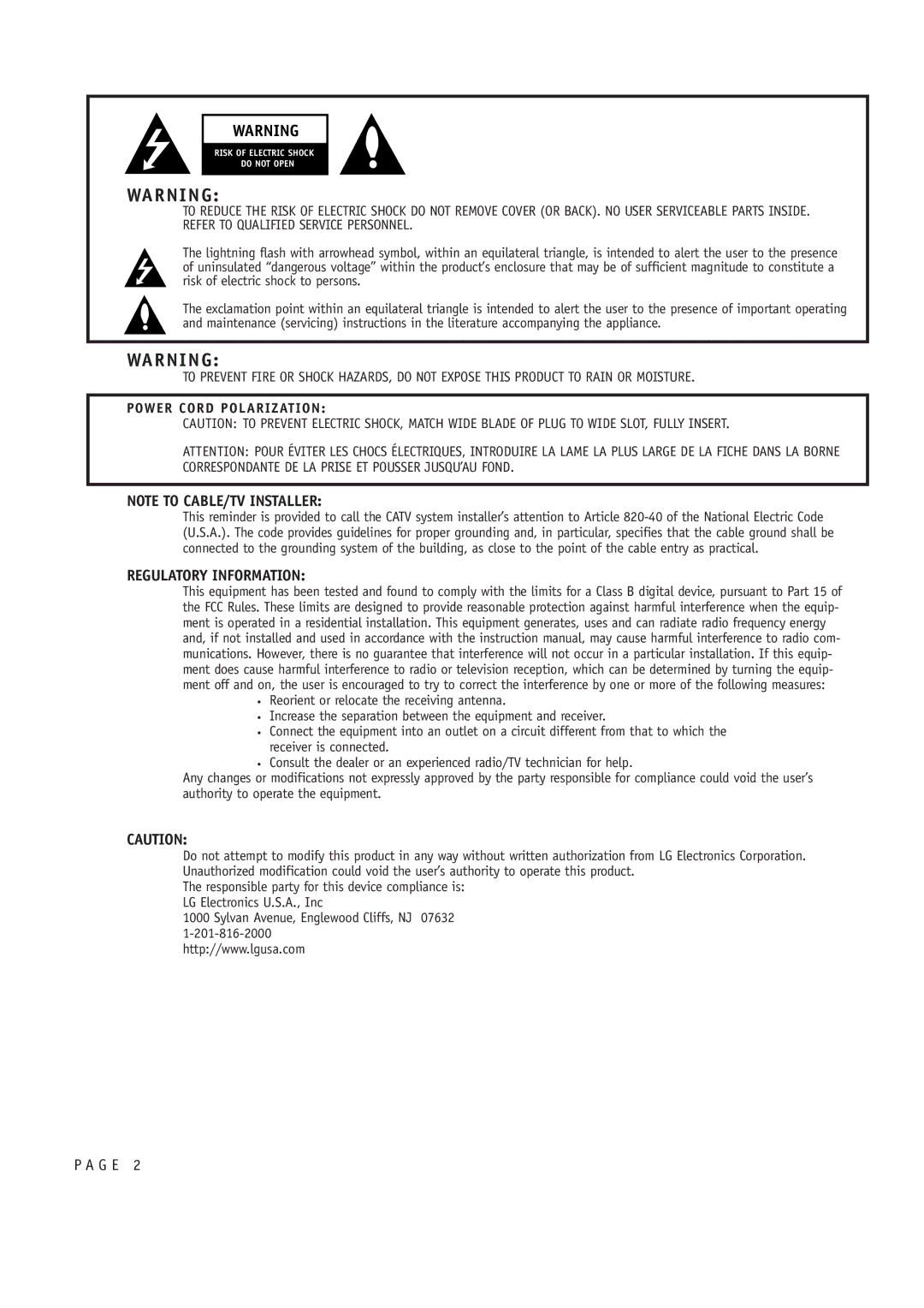 LG Electronics RU-48SZ40 owner manual Regulatory Information, Power Cord Polarization 