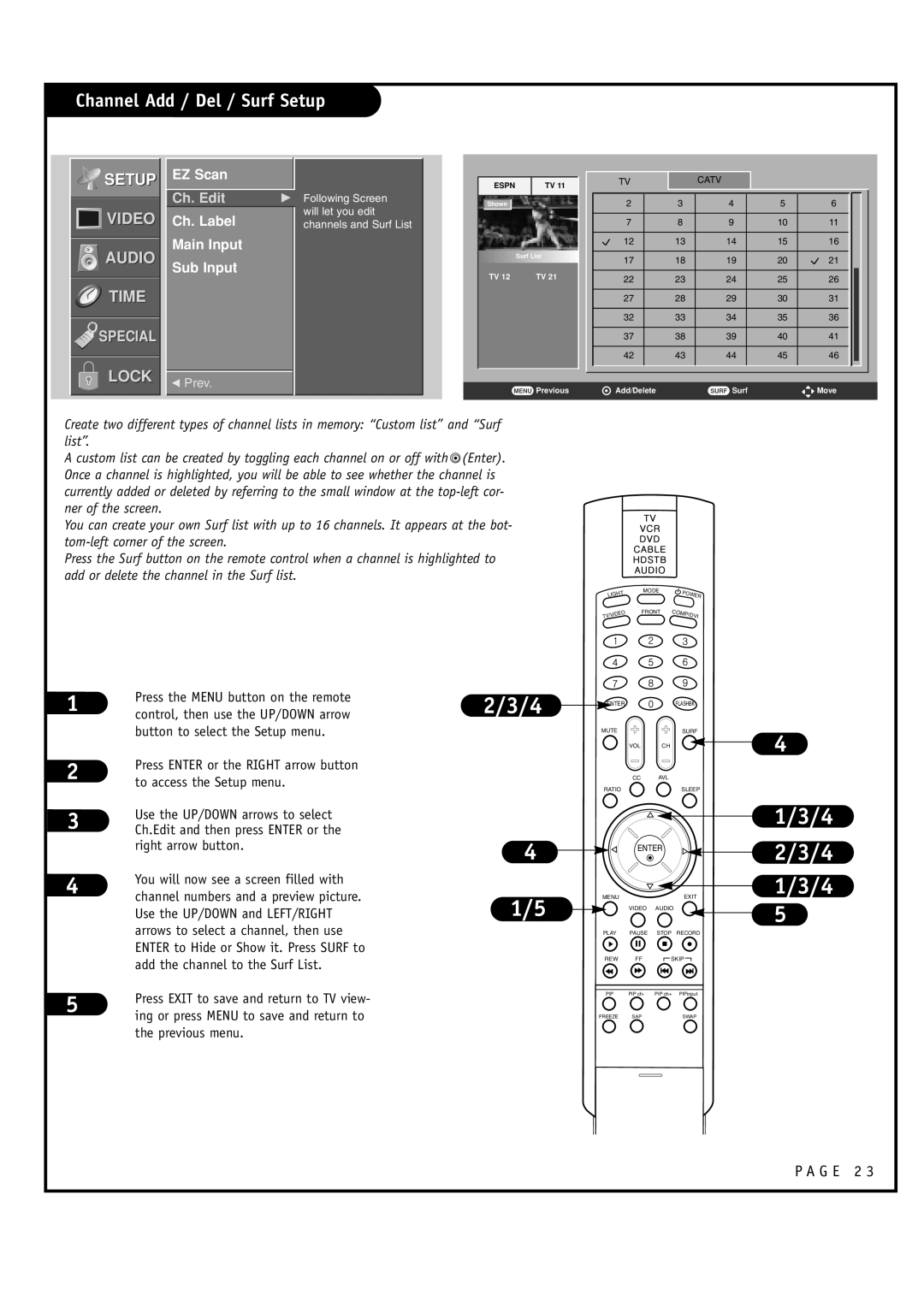 LG Electronics RU-48SZ40 owner manual Channel Add / Del / Surf Setup, EZ Scan, Ch. Label Main Input Sub Input 