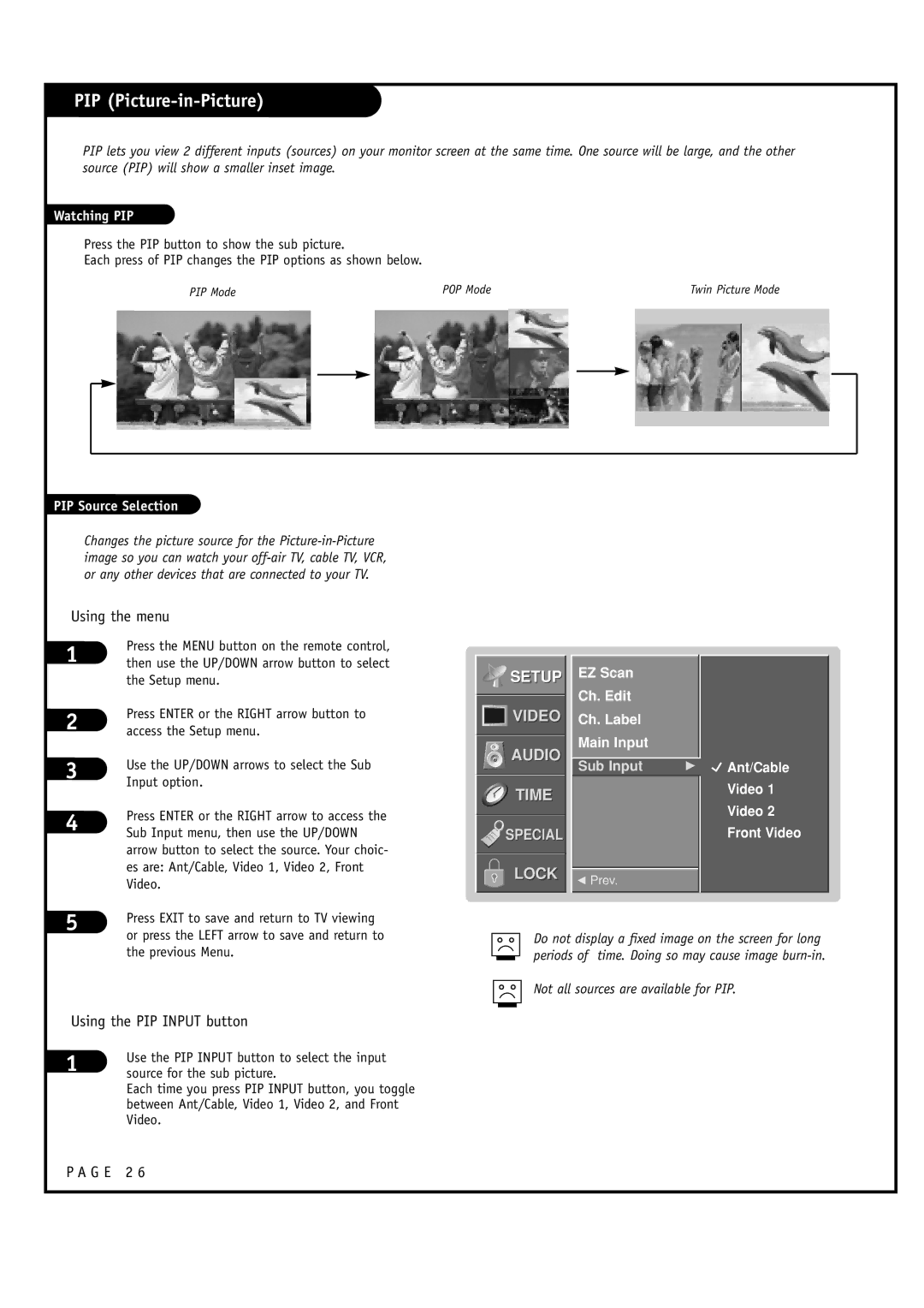 LG Electronics RU-48SZ40 PIP Picture-in-Picture, Watching PIP, PIP Source Selection, EZ Scan Ch. Edit Ch. Label Main Input 