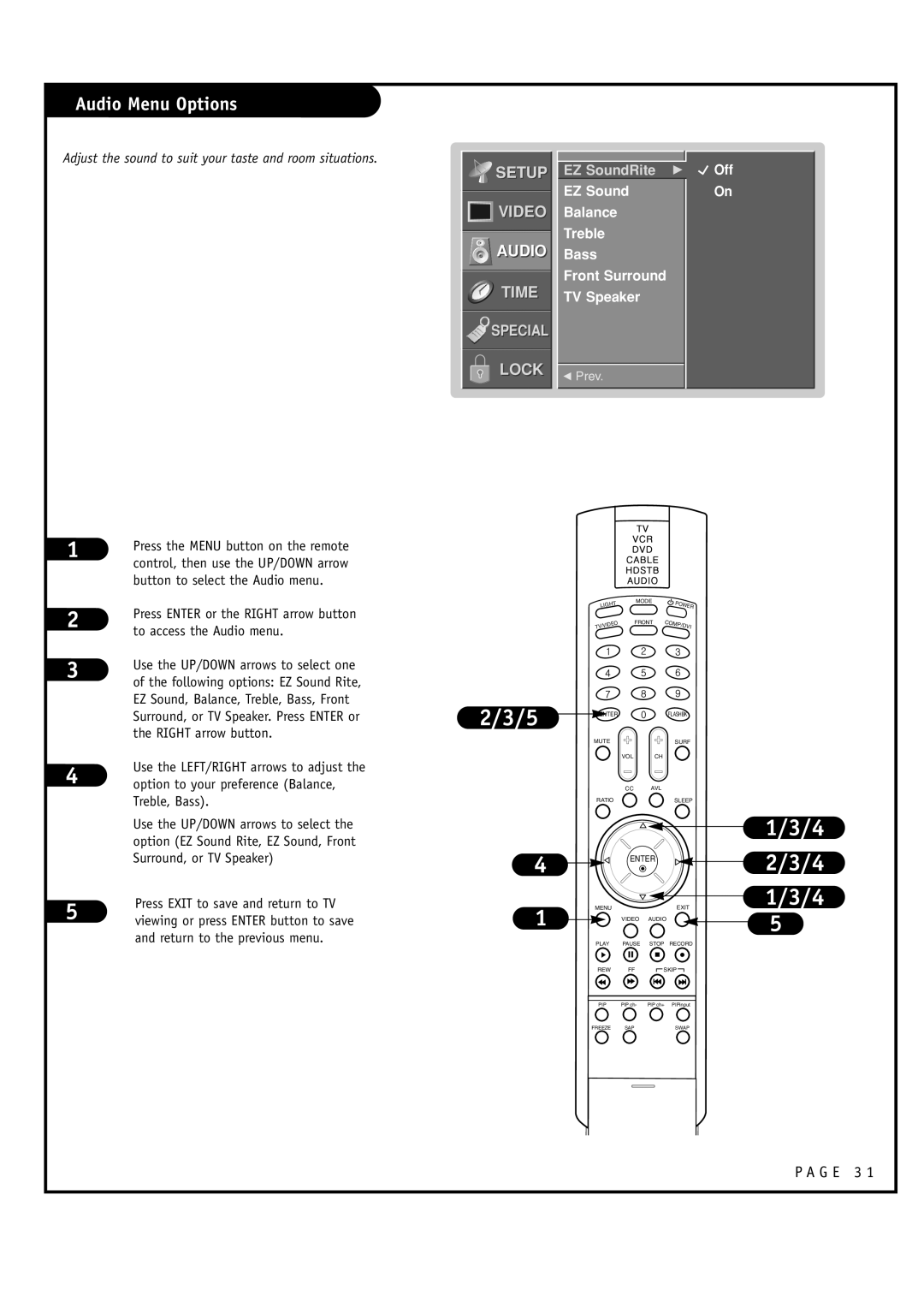 LG Electronics RU-48SZ40 owner manual Audio Menu Options, EZ Sound Balance Treble Bass Front Surround TV Speaker, Off 