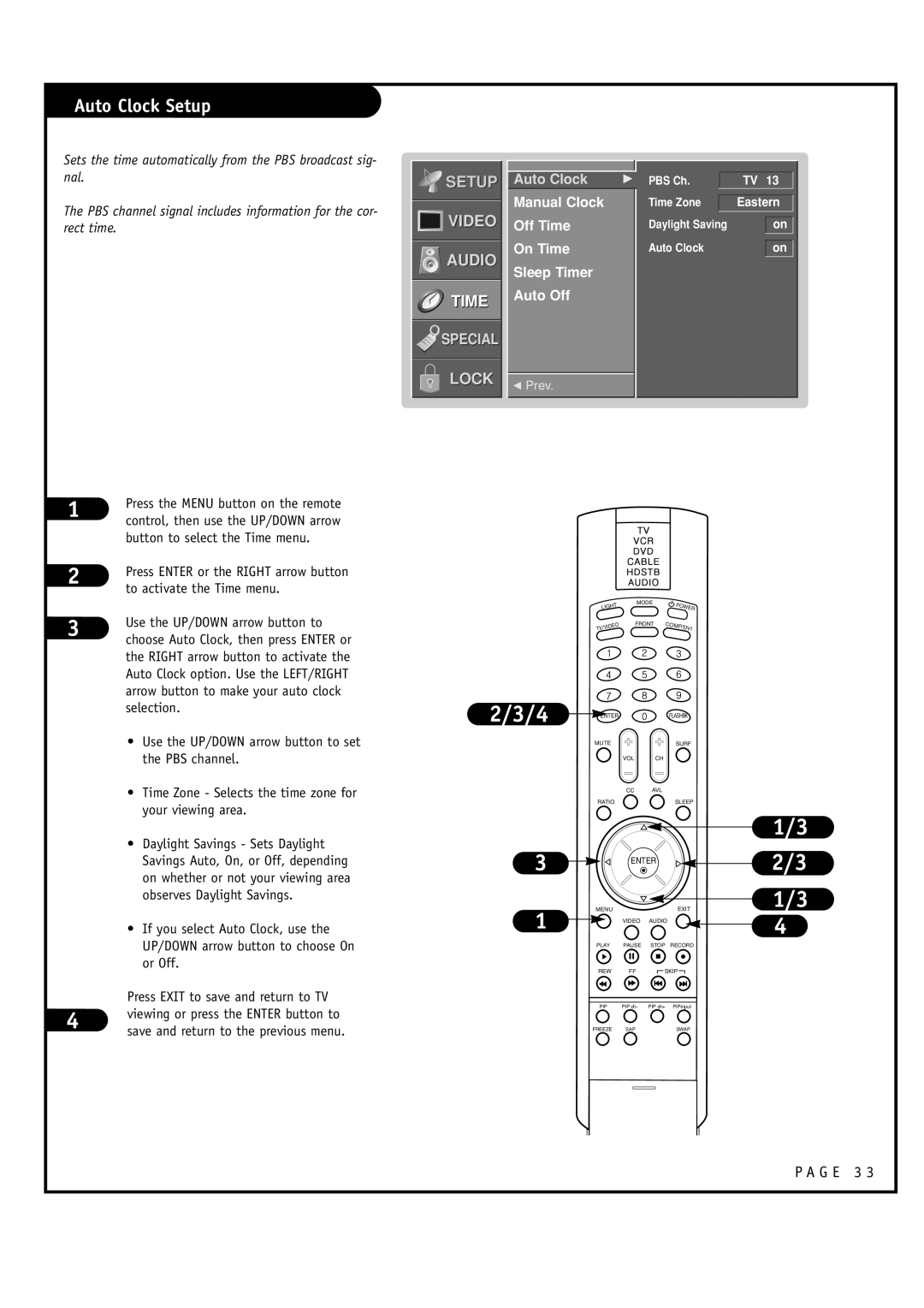 LG Electronics RU-48SZ40 owner manual Auto Clock Setup, Manual Clock Off Time On Time Sleep Timer Auto Off 