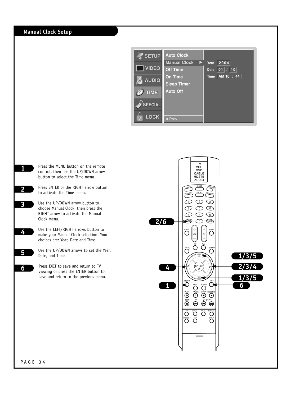 LG Electronics RU-48SZ40 owner manual Manual Clock Setup, Auto Clock, Off Time On Time Sleep Timer Auto Off 