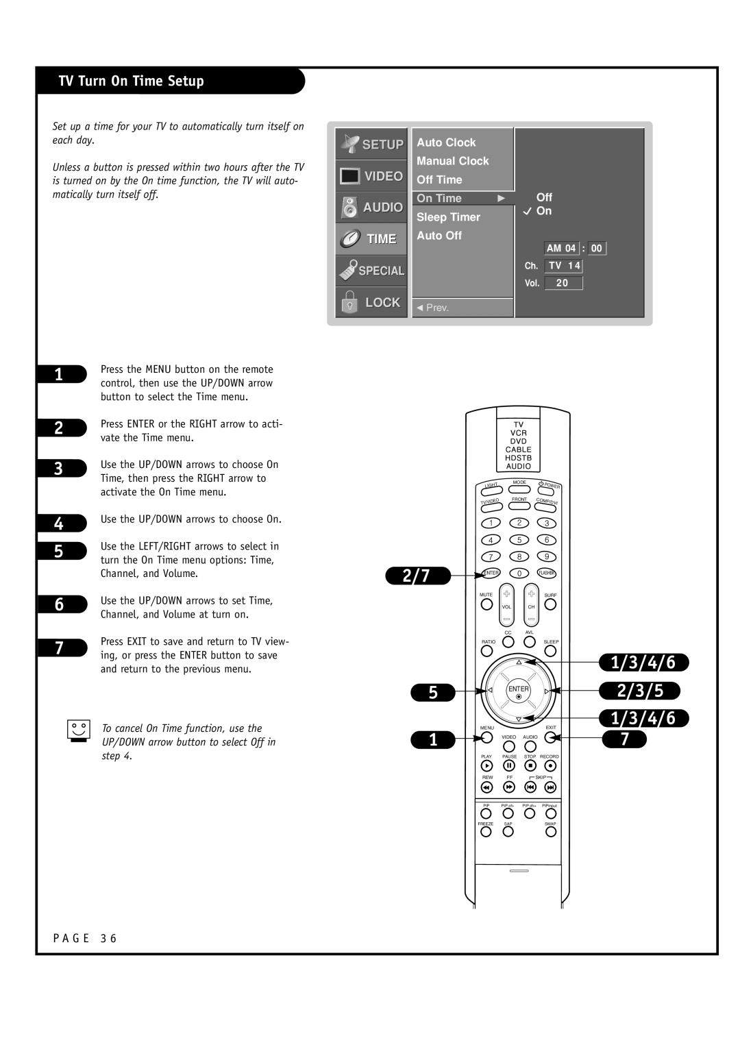 LG Electronics RU-48SZ40 owner manual TV Turn On Time Setup, Auto Clock Manual Clock Off Time, Sleep Timer Auto Off 