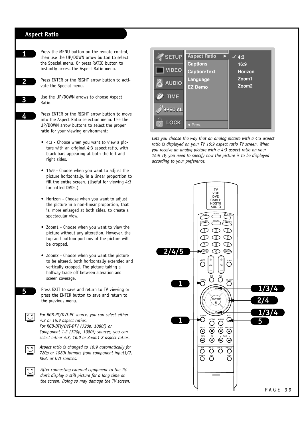 LG Electronics RU-48SZ40 owner manual Aspect Ratio, Captions Caption/Text Language EZ Demo, Horizon Zoom1 Zoom2 