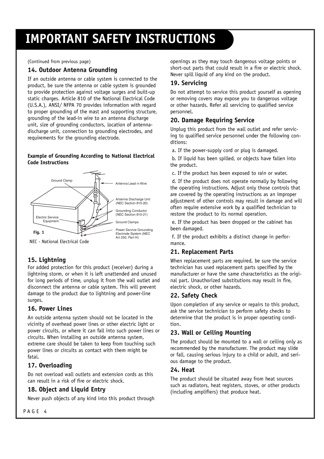 LG Electronics RU-48SZ40 owner manual From previous, NEC National Electrical Code 