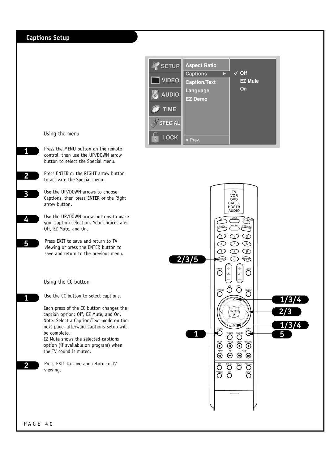 LG Electronics RU-48SZ40 owner manual Captions Setup, Aspect Ratio, Caption/Text Language EZ Demo, Off EZ Mute 