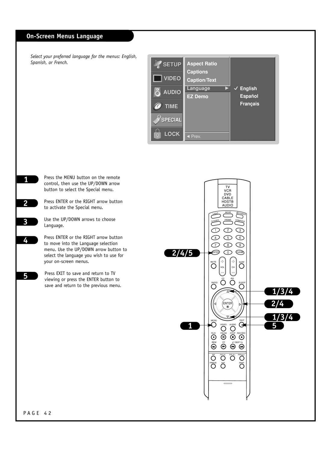 LG Electronics RU-48SZ40 On-Screen Menus Language, Aspect Ratio Captions Caption/Text, English Español Français 