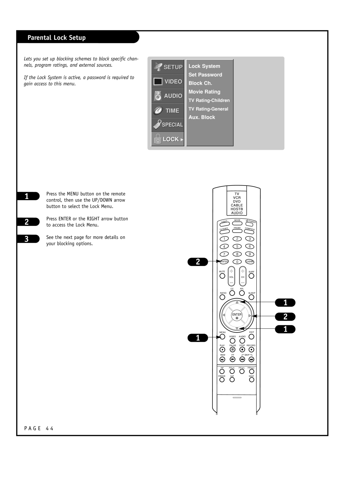 LG Electronics RU-48SZ40 owner manual Parental Lock Setup, Lock System Set Password Block Ch Movie Rating, Aux. Block 