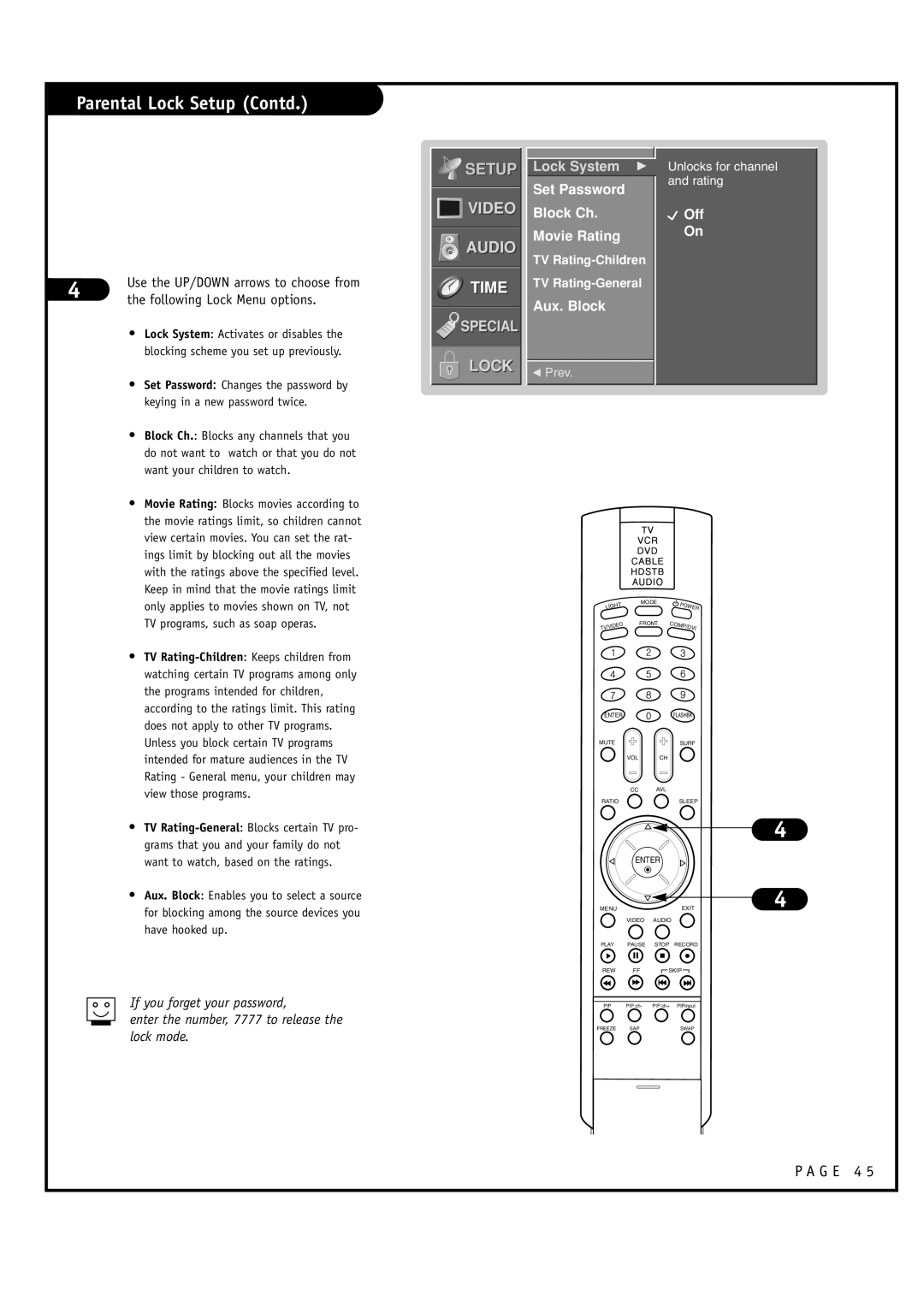 LG Electronics RU-48SZ40 Parental Lock Setup Contd, Following Lock Menu options, Set Password Block Ch Movie Rating 