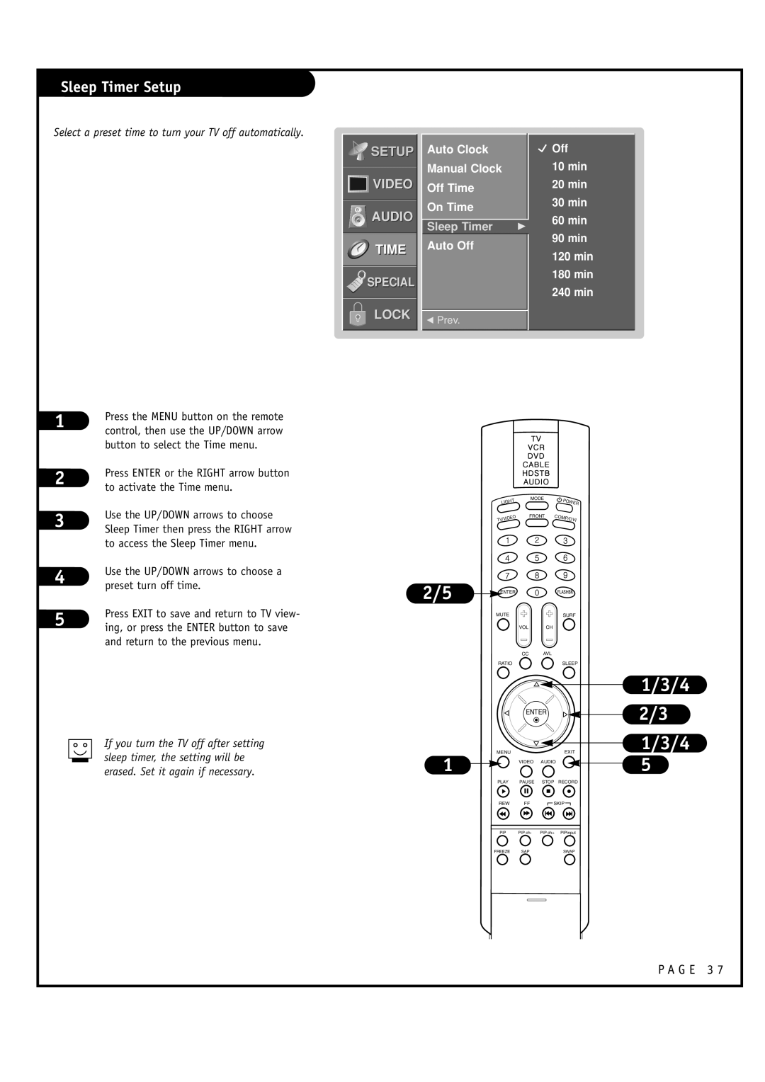LG Electronics RU-48SZ40 owner manual 1/3/4 2/3 1/3/4, Sleep Timer Setup, Video Audio, Special Lock, Auto Off, F Prev 