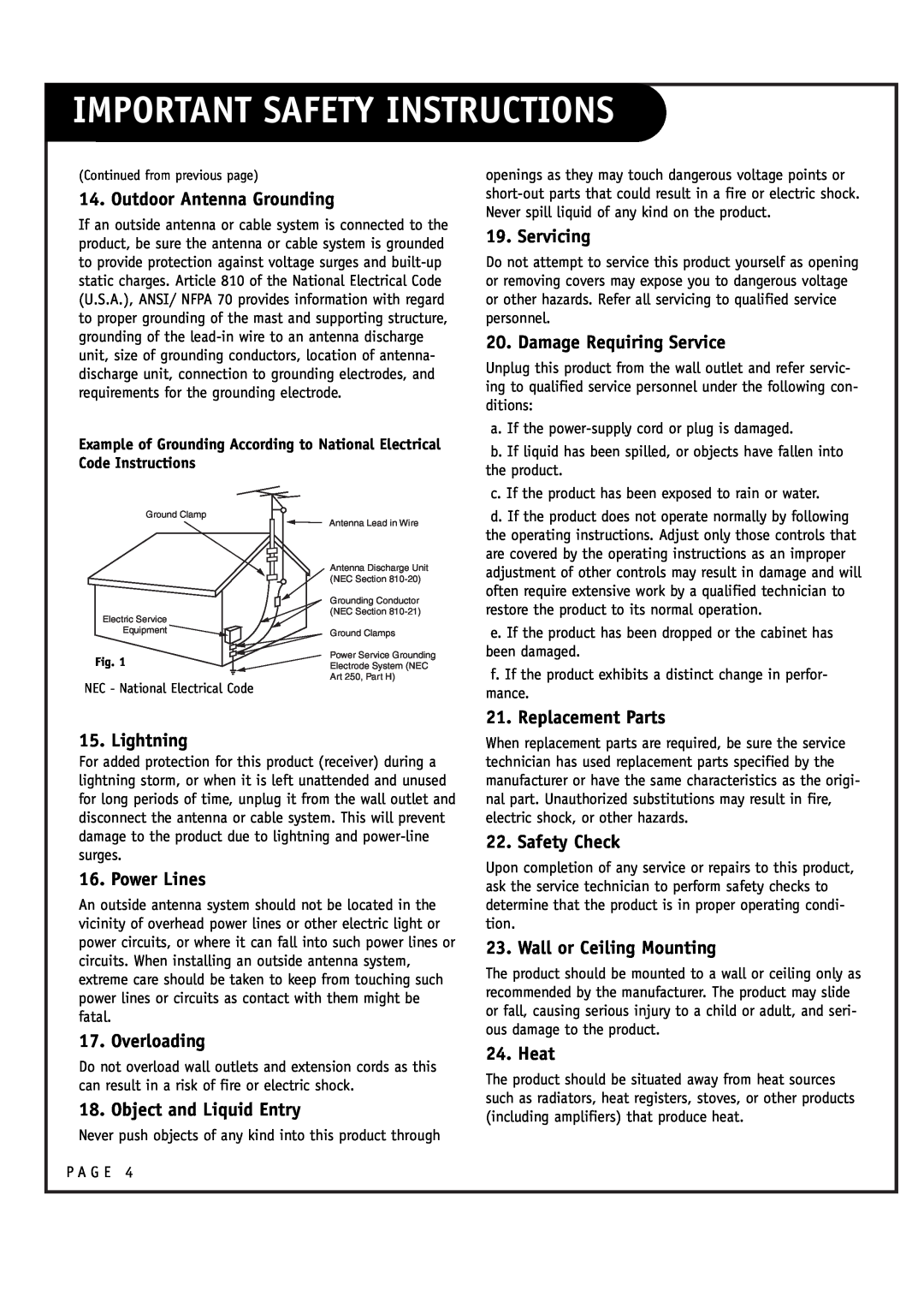 LG Electronics RU-48SZ40 owner manual Important Safety Instructions, Outdoor Antenna Grounding 