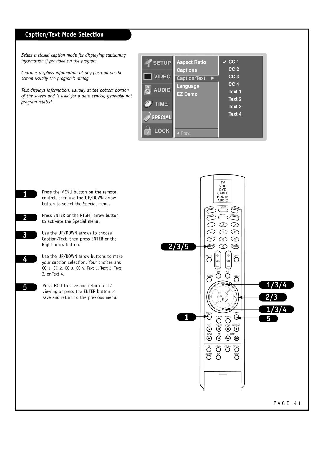 LG Electronics RU-48SZ40 Caption/Text Mode Selection, 2/3/5, 1/3/4 2/3 1/3/4, Setup, Video Audio Time, Special, Lock 