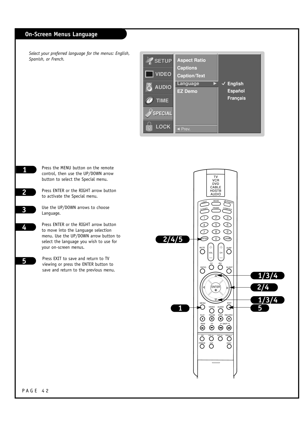 LG Electronics RU-48SZ40 On-Screen Menus Language, 2/4/5, 1/3/4, Setup, Video Audio Time, Special, Lock, Language G 