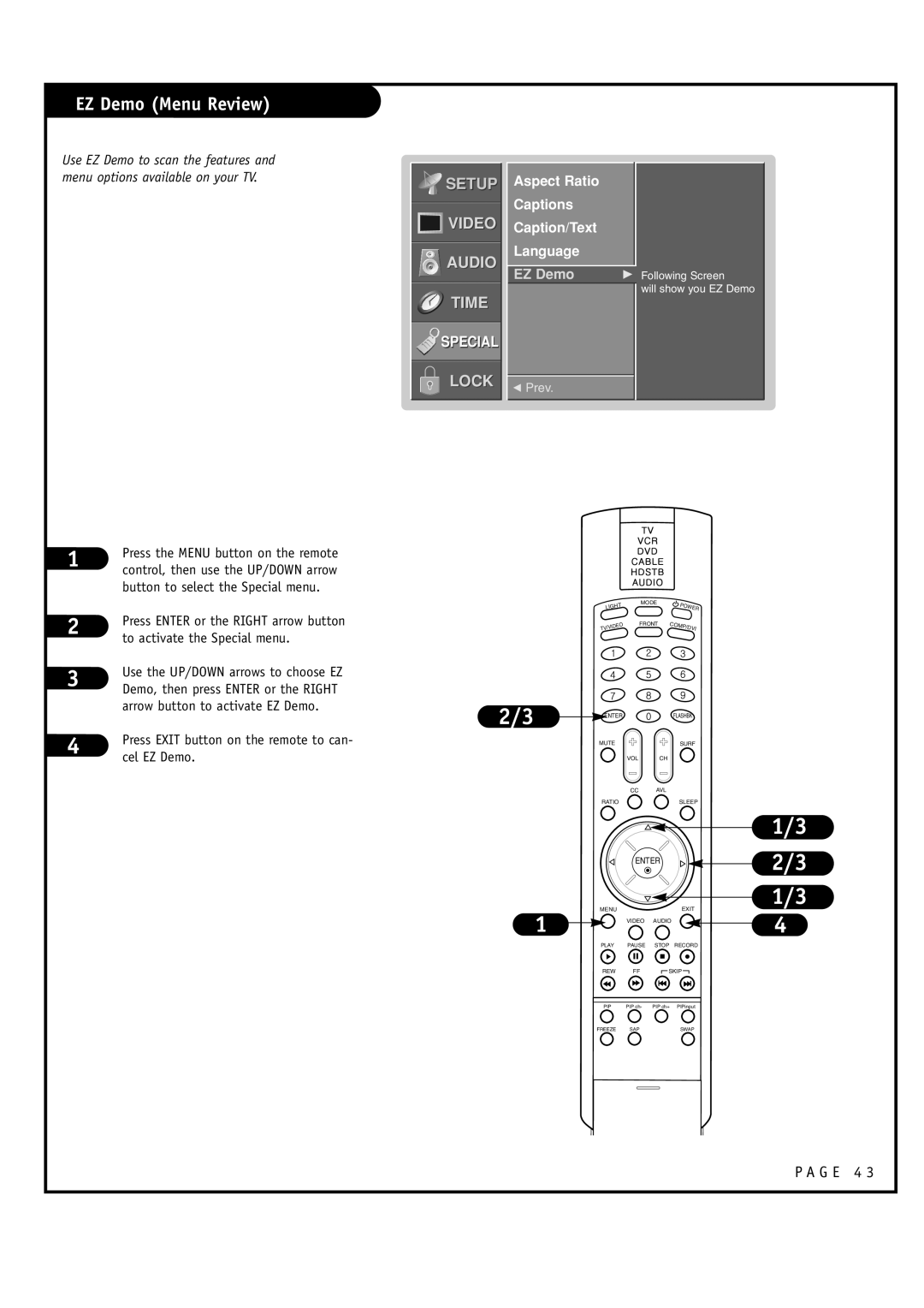 LG Electronics RU-48SZ40 owner manual EZ Demo Menu Review, Setup, Video Audio Time, Special, Lock, F Prev, Enter 