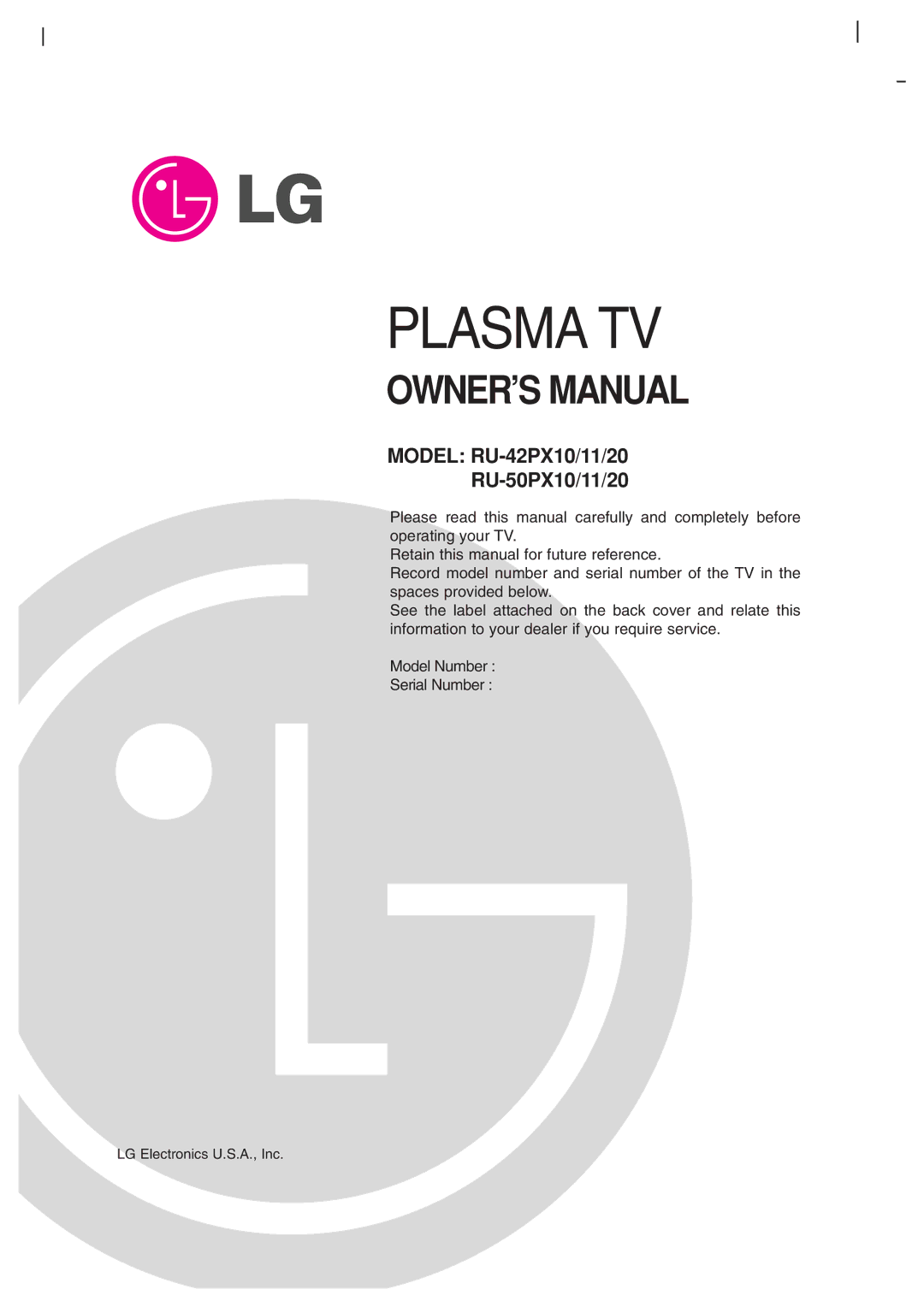 LG Electronics RU-50PX11, RU-50PX20, RU-42PX11, RU-50PX10, RU-42PX20 owner manual Plasma TV, LG Electronics U.S.A., Inc 