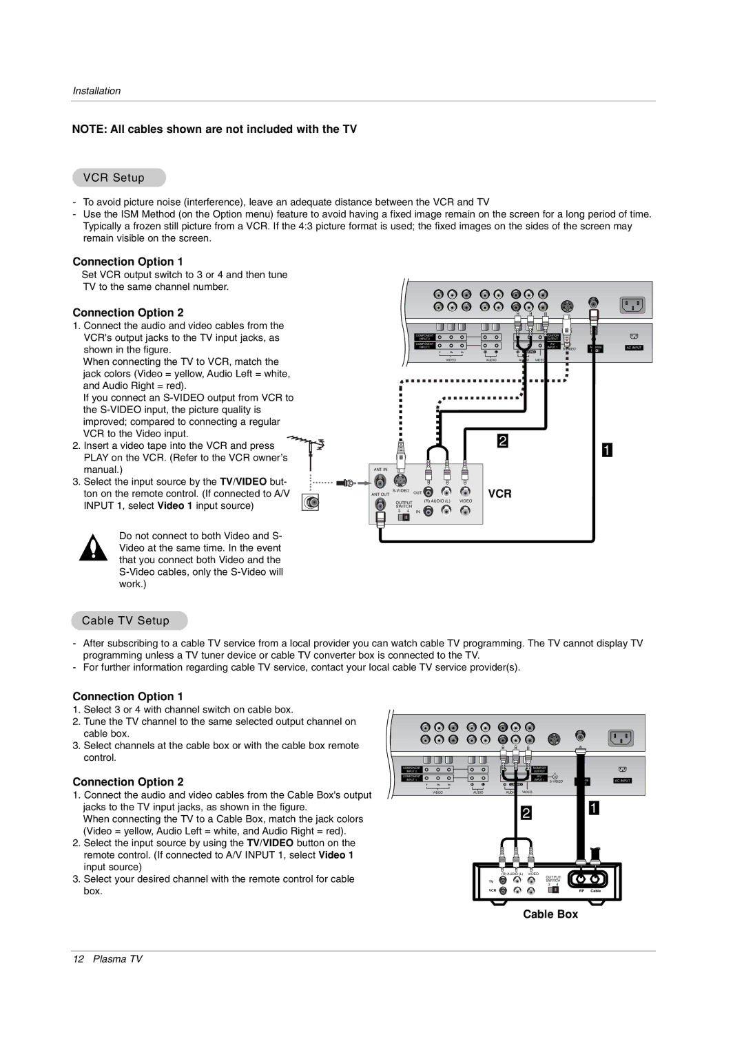 LG Electronics RU-50PX20, RU-50PX11, RU-42PX11, RU-50PX10, RU-42PX20 VCR Setup, Connection Option, Cable TV Setup, Cable Box 